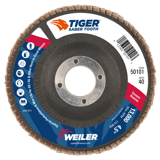 4-1/2" Tiger Ceramic Abrasive Flap Disc, Conical (TY29), Phenolic Backing, 40C, 7/8" Arbor Hole