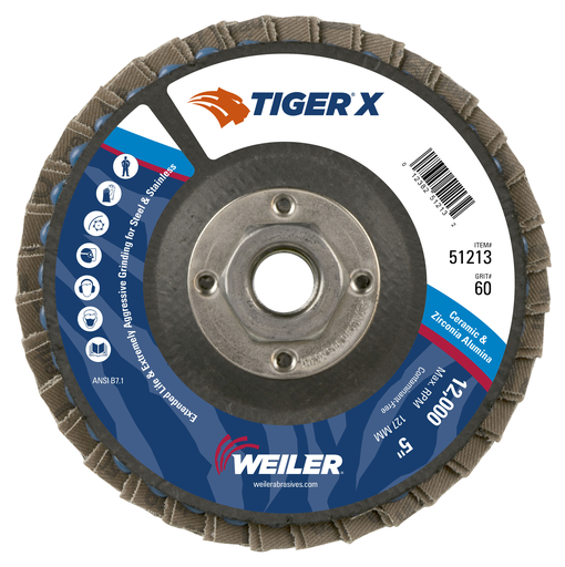 5" Tiger X Flap Disc, Conical (TY29), Phenolic Backing, 60Z, 5/8"-11 UNC Nut