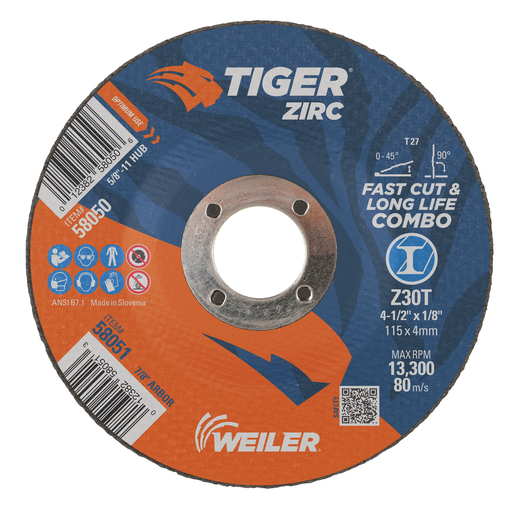 4-1/2" x 1/8" TIGER ZIRC Type 27 Cut/Grind Combo Wheel, Z30T, 7/8" A.H.