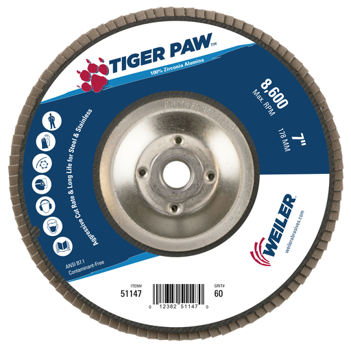 7" Tiger Paw Abrasive Flap Disc, Conical (TY29), Phenolic Backing, 60Z, 5/8"-11 UNC Nut