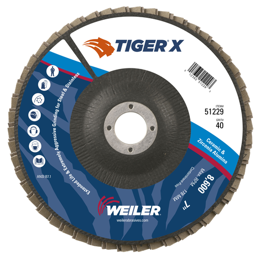 7" Tiger X Flap Disc, Flat (TY27), Phenolic Backing, 40Z, 7/8" Arbor Hole