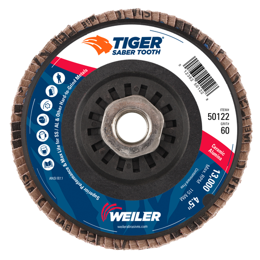 4-1/2" Tiger Ceramic Abrasive Flap Disc,Conical (TY29),Trimmable, 60C, 5/8"-11 UNC Nut
