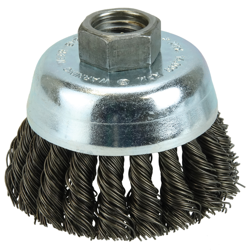 Wolverine 3" Knot Wire Cup Brush, .020" Steel Fill, 5/8"-11 UNC Nut
