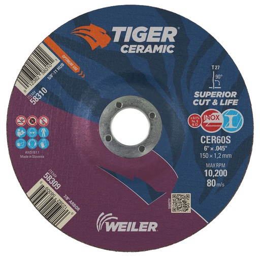 6" x .045" TIGER CERAMIC Type 27 Cutting Wheel CER60S 7/8 A.H.