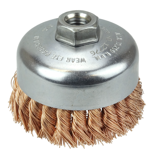 4" Single Row Knot Wire Cup Brush, .020" Bronze, 5/8"-11 UNC Nut