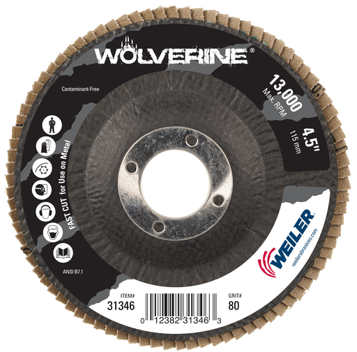 4-1/2" Wolverine Abrasive Flap Disc, Conical (TY29), Phenolic Backing, 80Z, 7/8" Arbor Hole