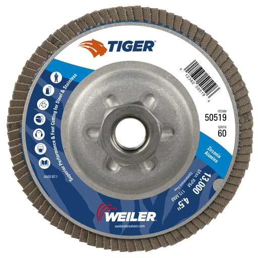 4-1/2" Tiger Disc Abrasive Flap Disc, Conical (TY29), Aluminum Backing, 60Z, 5/8"-11 UNC Nut