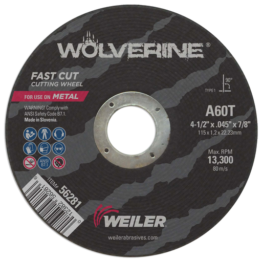 4-1/2" x .045" Wolverine Type 1 Cut-Off Wheel, A60T, 7/8" A.H.