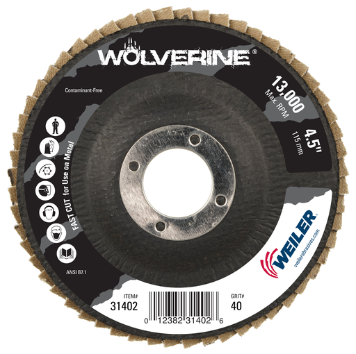 4-1/2" Wolverine Abrasive Flap Disc, Flat (TY27), Phenolic Backing, 40Z, 7/8" Arbor Hole