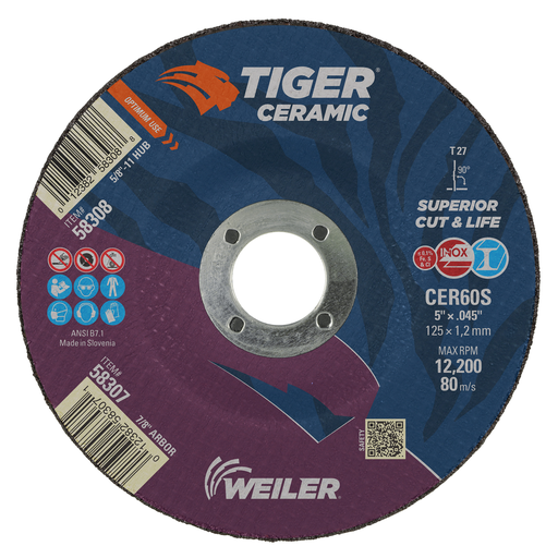 Weiler 58307 5 Inch Tiger Ceramic Type 27 Cutting Wheel .045 Inch Grit 60