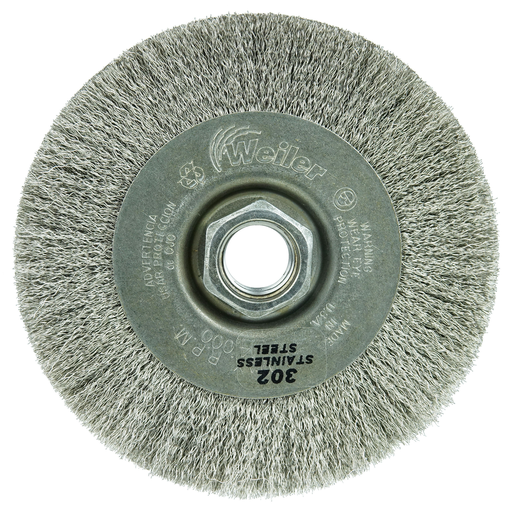 4" Narrow Face Crimped Wire Wheel, .006 Stainless Steel Fill, 5/8"-11 UNC Nut