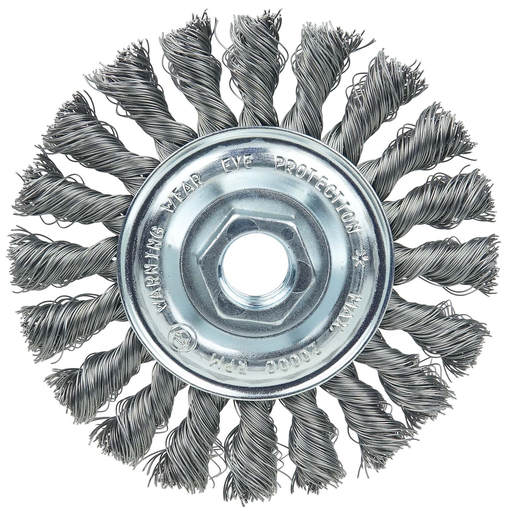 Wolverine 4" Knot Wire Wheel, Standard Twist, .014" , 5/8"-11 UNC Nut, Steel Wire