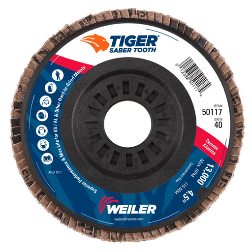 4-1/2" Tiger Ceramic Abrasive Flap Disc, Angled (TY29), Trimmable Backing, 40C, 7/8" Arbor Hole