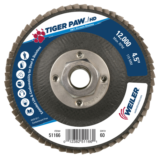 4-1/2" Tiger Paw Super High Density Flap Disc, Flat (TY27), Phenolic Backing, 60Z, 5/8"-11 UNC Nut