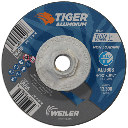 4-1/2 x .045 TIGER ALUMINUM Type 27 Cutting Wheel ALU60S 5/8-11 Nut