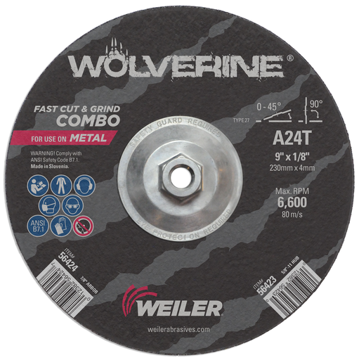 9" x 1/8" WOLVERINE Type 27 Cut/Grind Combo Wheel, A24T, 5/8"-11 Nut
