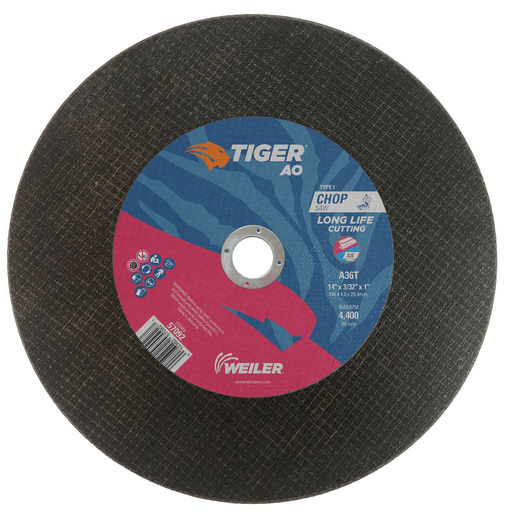 14" x 3/32" TIGER AO Type 1 Large Cutting Wheel, A36T, 1" A.H, Chop Saw