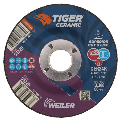 4-1/2" x 1/4" TIGER CERAMIC Type 27 Grinding Wheel CER24R 7/8 A.H.