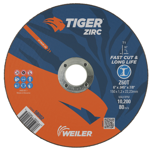 6" x .045" TIGER ZIRC Type 1 Cut-Off Wheel, Z60T, 7/8" A.H.