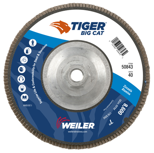 7" Big Cat Abrasive Flap Disc, Flat (TY27), Phenolic Backing, 40Z, 5/8"-11 UNC Nut
