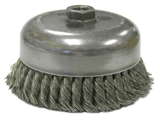 6" Double Row Knot Wire Cup Brush, .035" Steel Fill, 5/8"-11 UNC Nut