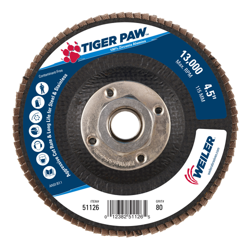 4-1/2" Tiger Paw Abrasive Flap Disc, Conical (TY29), Phenolic Backing, 80Z, 5/8"-11 UNC Nut