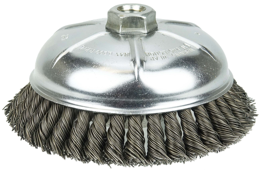 Wolverine 6" Knot Wire Cup Brush, .025" Steel Fill, 5/8"-11 UNC Nut