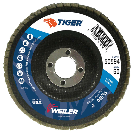 4" Tiger Disc Abrasive Flap Disc, Conical (TY29), Phenolic Backing, 60Z, 5/8" Arbor Hole