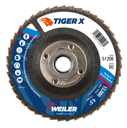 4-1/2" Tiger X Flap Disc, Conical (TY29), Phenolic Backing, 60Z, 5/8"-11 UNC Nut