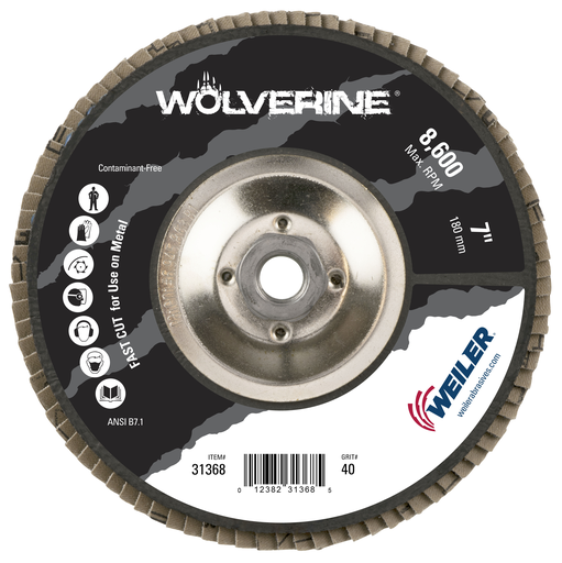 7" Wolverine Abrasive Flap Disc, Conical (TY29), Phenolic Backing, 40Z, 5/8"-11 UNC Nut