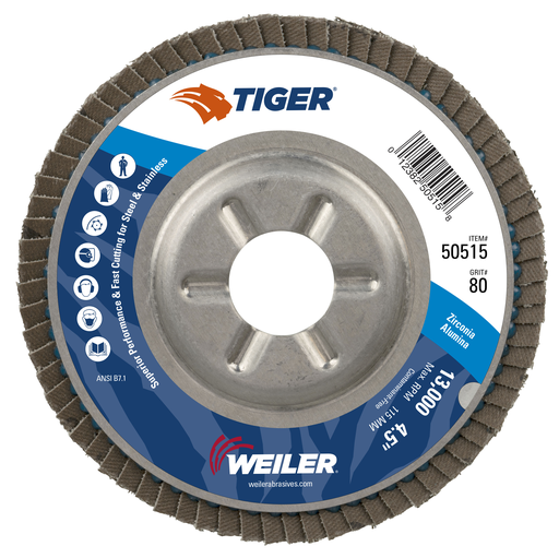 4-1/2" Tiger Disc Abrasive Flap Disc, Conical (TY29), Aluminum Backing, 80Z, 7/8" Arbor Hole