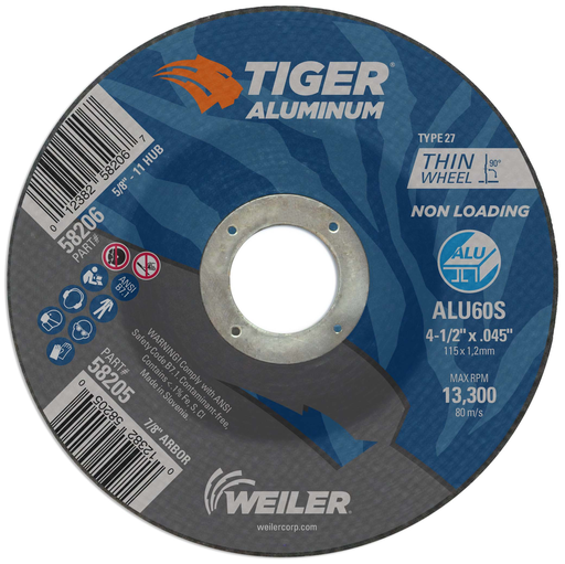 4-1/2" x .045" TIGER ALUMINUM Type 27 Cutting Wheel ALU60S 7/8 A.H.