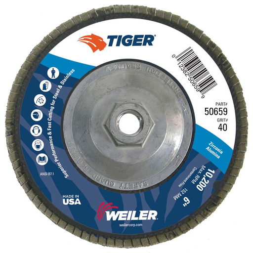 6" Tiger Disc Abrasive Flap Disc, Conical (TY29), Phenolic Backing, 40Z, 5/8"-11 UNC Nut