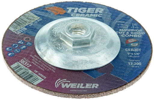 5 x 1/8 TIGER CERAMIC Type 27 Cut/Grind Combo Wheel CER30T 5/8-11 Nut