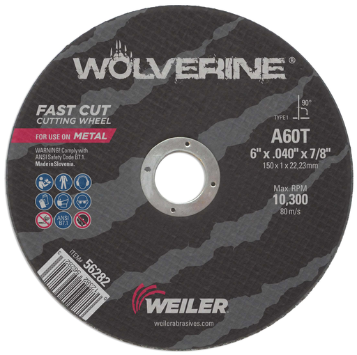 6" x .040" Wolverine Type 1 Cut-Off Wheel, A60T, 7/8" A.H.