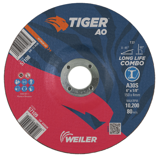 6" x 1/8" TIGER AO Type 27 Cut/Grind Combo Wheel, A30S, 7/8" A.H