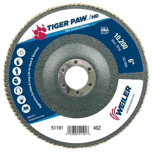 6" Tiger Paw Super High Density Flap Disc, Flat, Phenolic Backing, 40Z, 7/8" Arbor Hole