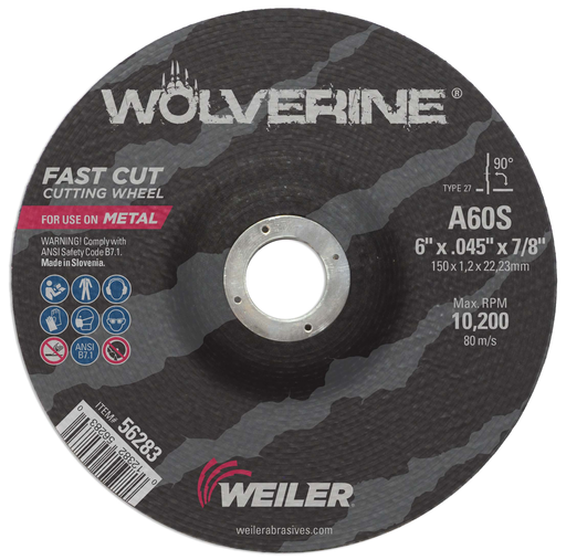 6" x .045" WOLVERINE Type 27 Cutting Wheel, A60S, 7/8" A.H.