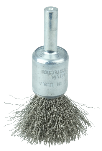 1/2" Coated Cup Crimped Wire End Brush, .006" Stainless Steel Fill