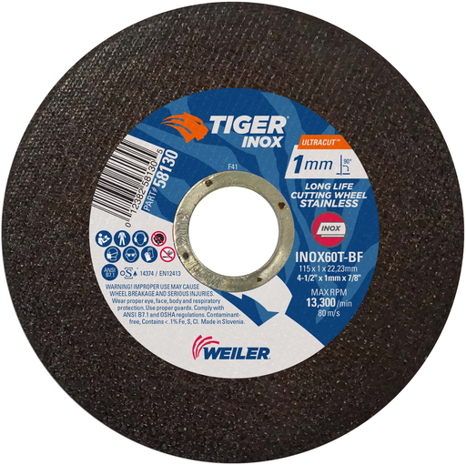 Weiler 58130 TIGER INOX ULTRACUT Type 1 Cutting Wheel, 4-1/2 Inch x 1mm, Grit 60, 13300 RPM
