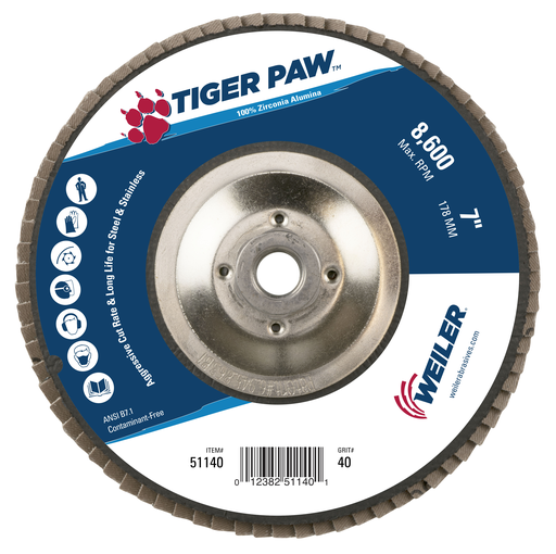 7" Tiger Paw Abrasive Flap Disc, Flat (TY27), Phenolic Backing, 40Z, 5/8"-11 UNC Nut