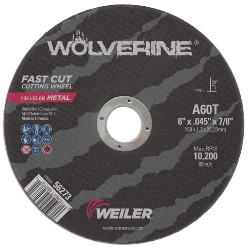 6" x .045" Wolverine Type 1 Cut-Off Wheel, A60T, 7/8" A.H.