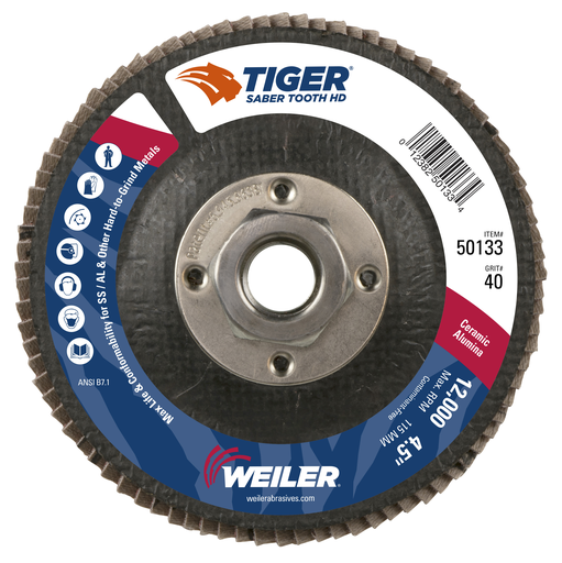 4-1/2 Tiger Ceramic High Density (TY27) Abrasive Flap Disc, 40C, 5/8"-11 UNC Nut