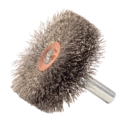 1-3/4" Wide Face Stem-Mounted Crimped Wire Wheel, .008" Stainless Steel Fill, 1/4" Stem