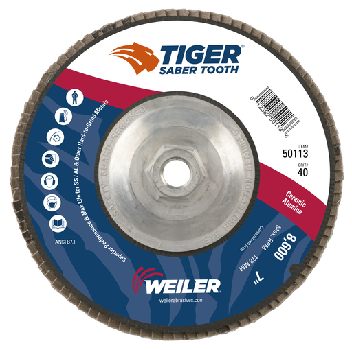 7" Tiger Ceramic Abrasive Flap Disc, Conical (TY29), Phenolic Backing, 40C, 5/8"-11 UNC Nut