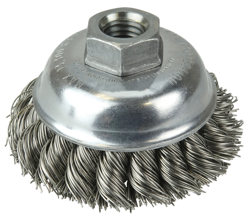 3-1/2" Single Row Knot Wire Cup Brush, .023" Stainless Steel Fill, 5/8"-11 UNC Nut
