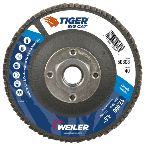 4-1/2" Big Cat Abrasive Flap Disc, Flat (TY27), Phenolic Backing, 40Z, 5/8"-11 UNC Nut