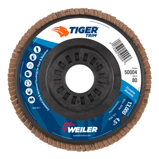 4-1/2" Tiger Trim Abrasive Flap Disc, Angled (TY29), Trimmable Backing, 80Z, 7/8" Arbor Hole