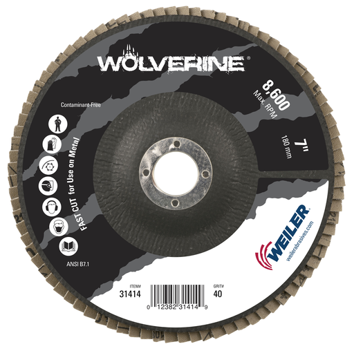 7" Wolverine Abrasive Flap Disc, Flat (TY27), Phenolic Backing, 40Z, 7/8" Arbor Hole