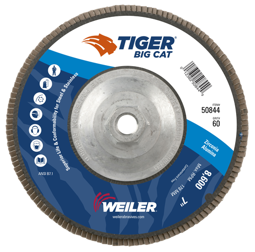 7" Big Cat Abrasive Flap Disc, Flat (TY27), Phenolic Backing, 60Z, 5/8"-11 UNC Nut